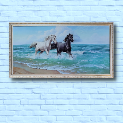 3D фотокартина анималистика "Прогулка пары лошадей по берегу моря" (блеск) 58.5*108*2.2 см RP-00272 фото