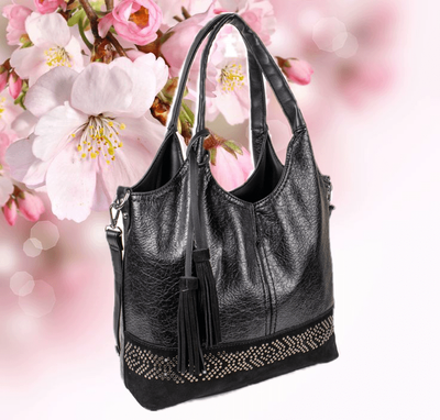Женская сумка хобо эко-кожа с замшей на молнии с двумя ручками на плече черная 32x36x12 см 85759 фото