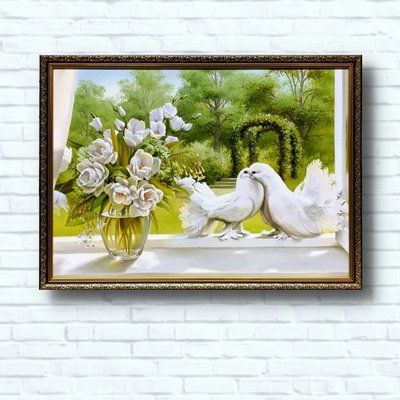 Картина натюрморт в пейзаже &laquo;Белые голуби и цветы&raquo; в раме 55*75 см RP-00057-4 фото