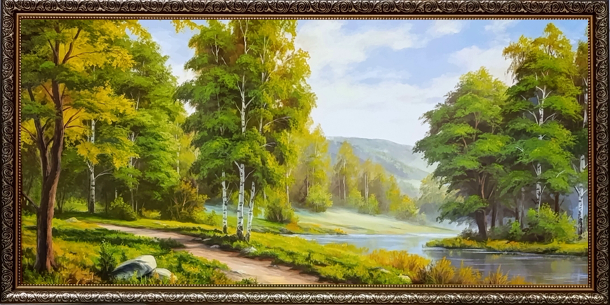 Картина &laquo;Лесное озеро&raquo; в декоративной раме - горный летний пейзаж 38*75 см RP-00383-2 фото