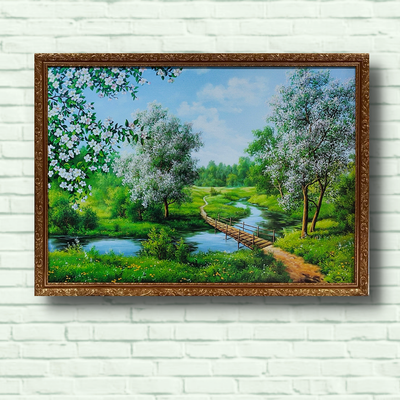 Фотокартина в раме горизонтальная Весенний пейзаж "Цветущие деревья у реки" 56*76*2 см RP-00146-1 фото