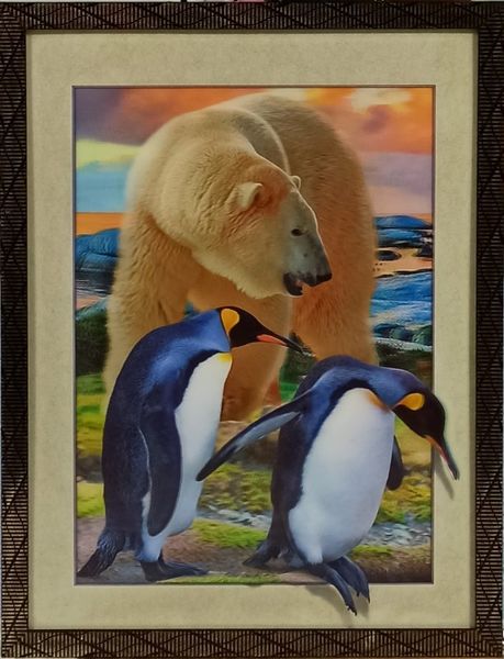 Фотокартина 3D вертикальна у рамці Анімалістика "Білий ведмідь з Пінгвінами" 42*32*1.5 см 3d - 0089 фото