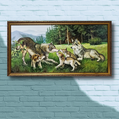 Картина репродукция в раме 3D фотокартина горизонтальная глянцевая Волчья семья (блеск) 38*75*2 см RP-00148 фото