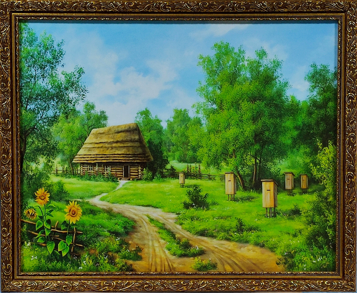 Фотокартина горизонтальна у дерев'яній рамі Літній сільський пейзаж 45*55*2 см RP-00353 фото