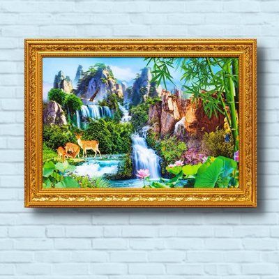 3D картина &laquo;Водоспад у горах з оленями&raquo; в золотій рамі 68*48 см 3d - 1014 фото