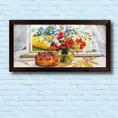 Репродукция натюрморт "Полевые цветы в вазе, калач на столе" 39.5*76.5*2 см RP-00169 фото