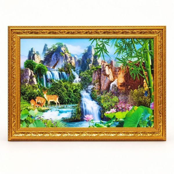 3D картина &laquo;Водопад в горах с оленями&raquo; в золотой раме 68*48 см 3d - 1014 фото