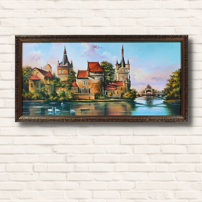 Репродукция картины Городской пейзаж в рамке горизонтальная "Старый город у реки" 38*75*2 см RP-00165-1 фото