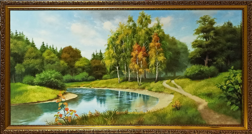 Картина &laquo;Осенняя тропинка у реки&raquo; &mdash; пейзаж в раме 58*108 см RP-12631 фото
