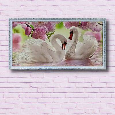 Картина в раме анималистика фотокартина 3D "Белые лебеди на воде под розовым цветом" 57*107*2 см RP-00092-194 фото
