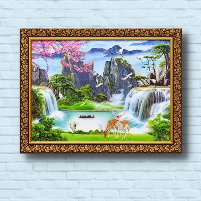 3D картина &laquo;Горный водопад и олени&raquo; в декоративной раме 65*45 см 3d-1114 фото