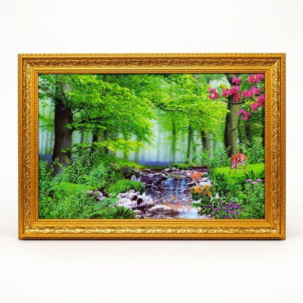 3D картина &laquo;Лісовий струмок з оленями&raquo; в золотій рамі 68*48 см 3d - 1015 фото